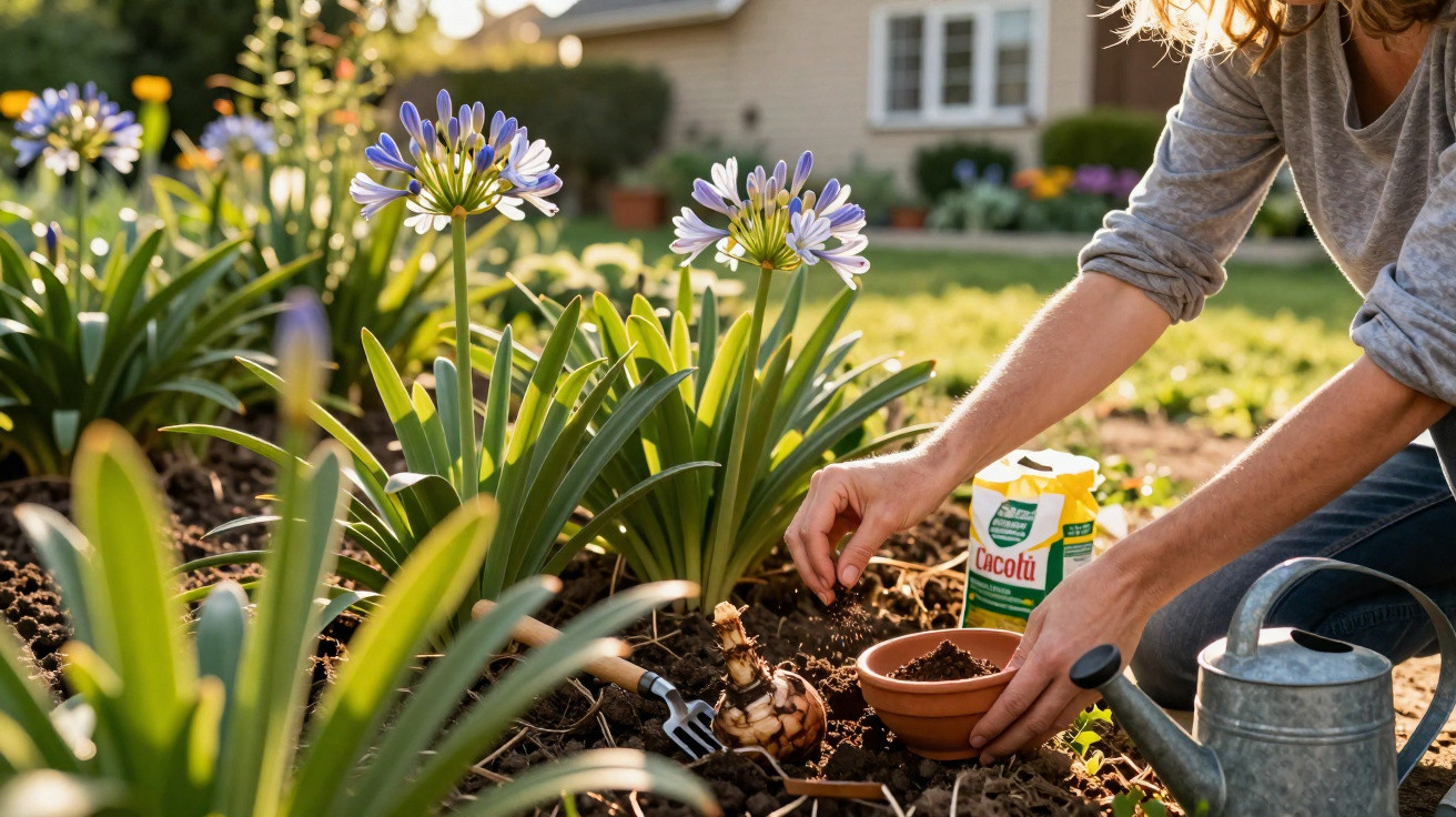 Person planting flower bulbs in a garden bed with blooming purple agapanthus and gardening tools nearby.