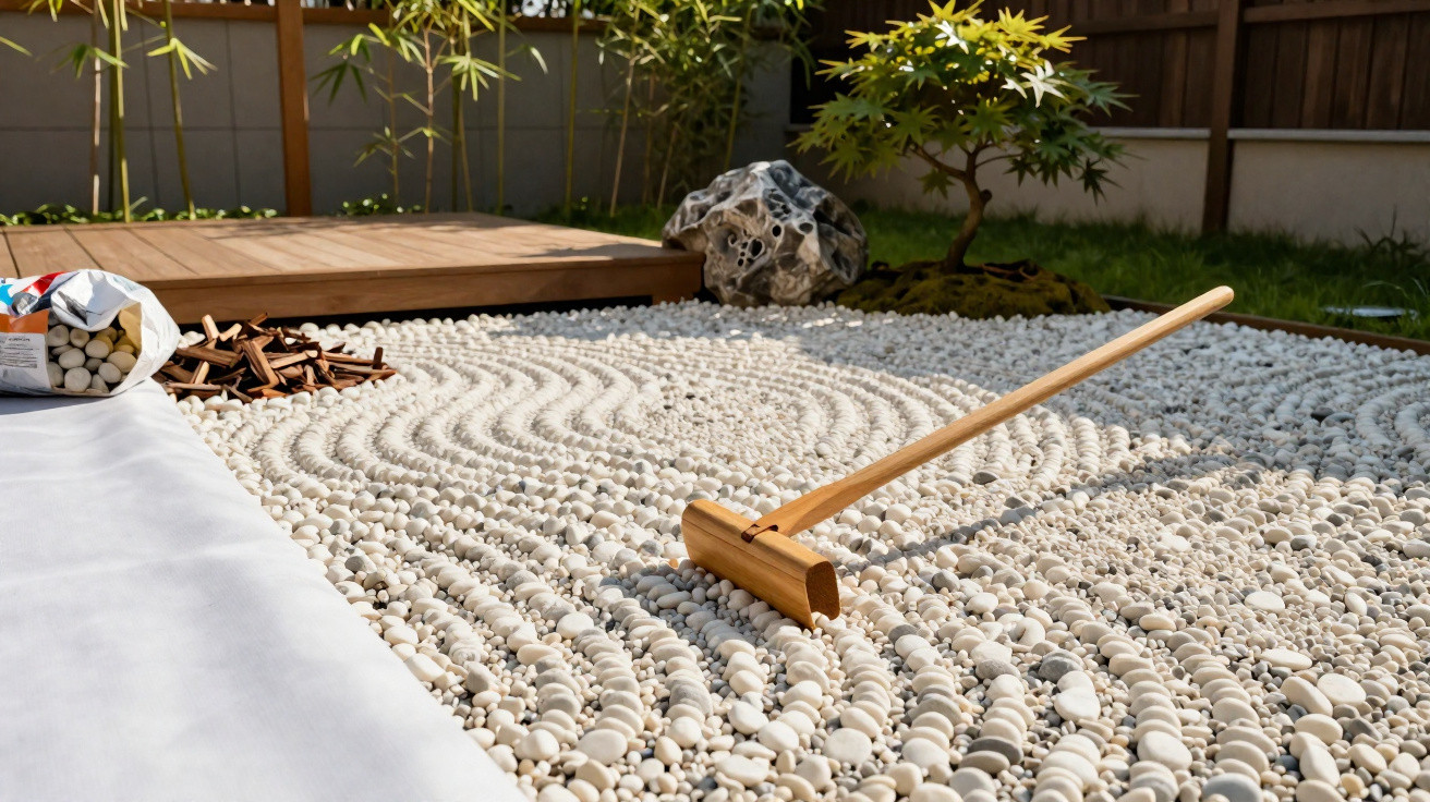 Wooden rake on white pebble Zen garden with a small tree and large rock in the background.