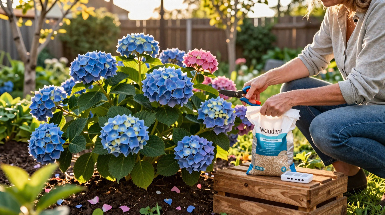 Person pruning blue and pink hydrangea flowers in a sunlit garden bed with gardening supplies nearby.