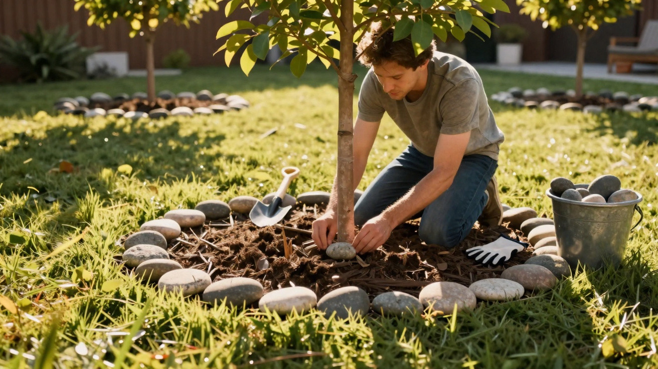 Man kneeling on grass placing stones around the base of a young tree in a garden on a sunny day