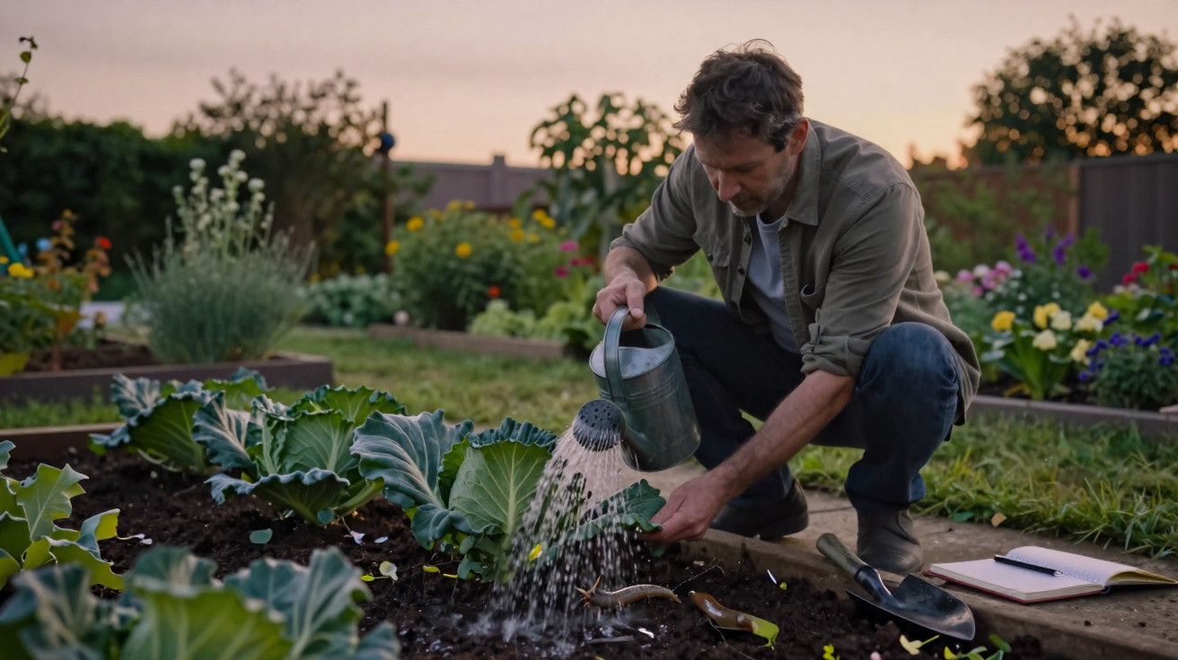 Man watering plants in a garden bed at dusk with gardening tools and a notebook nearby.