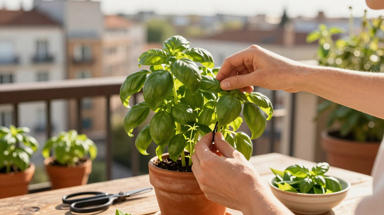 Hands harvesting fresh basil leaves from a potted plant on a sunlit balcony with scissors nearby.