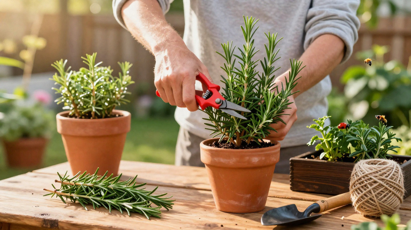 Person pruning rosemary herb in a terracotta pot on a wooden garden table outdoors.