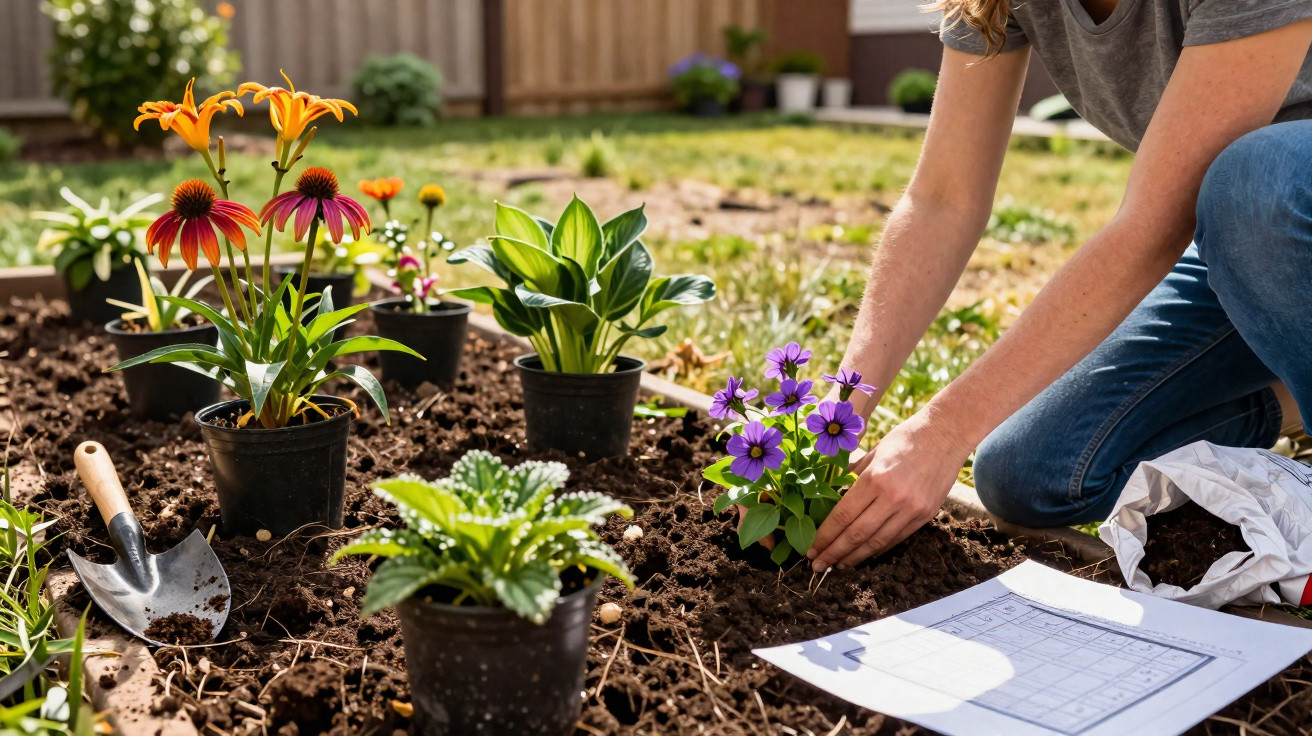 Person planting purple flowers in a garden bed surrounded by potted plants and gardening tools in sunlight.
