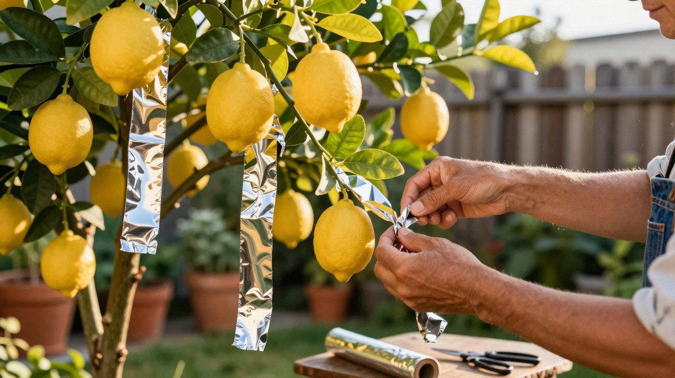Person attaching reflective tape strips to lemons on a tree in a garden with potted plants in background.