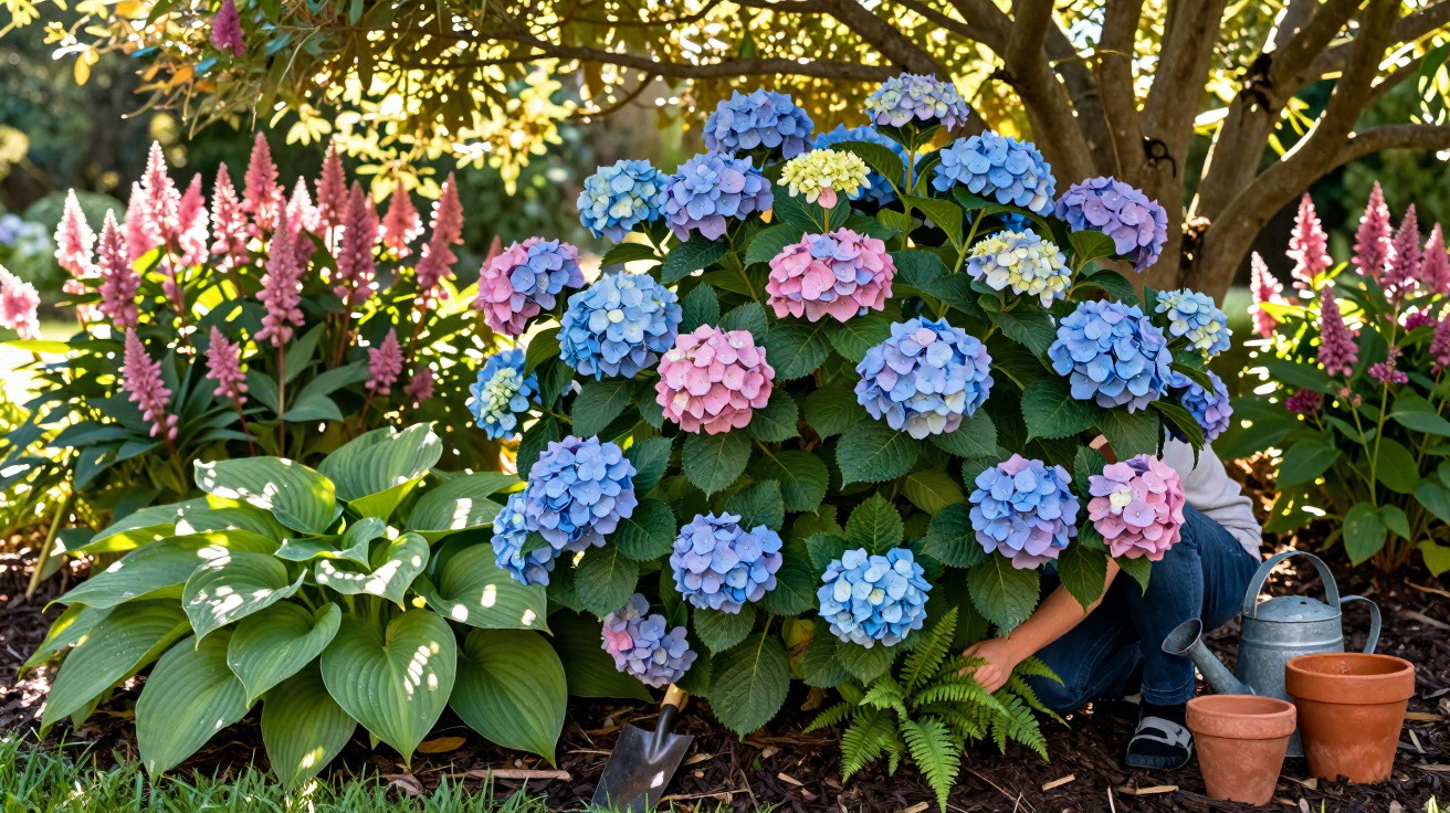 Colourful hydrangea bush with blue, pink, and purple flowers in a garden with a person tending it.