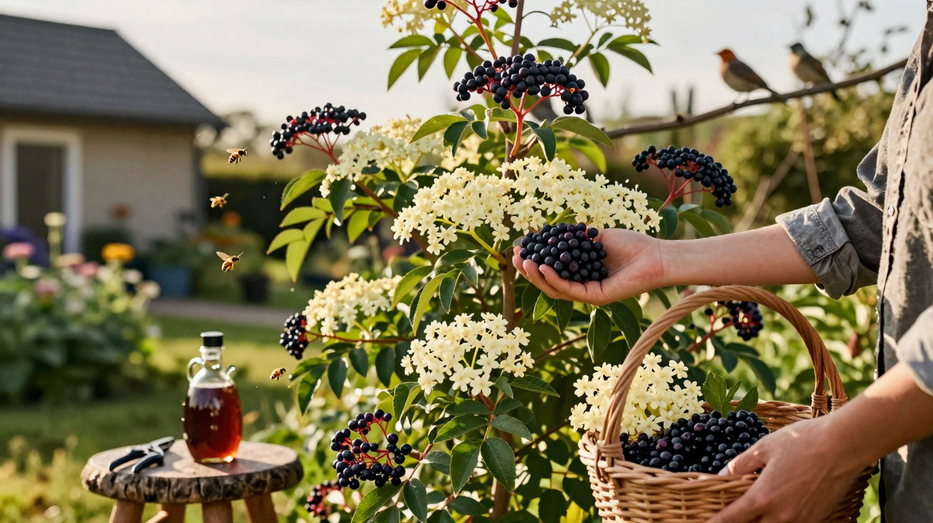 Person harvesting ripe elderberries from a shrub into a wicker basket in a garden.