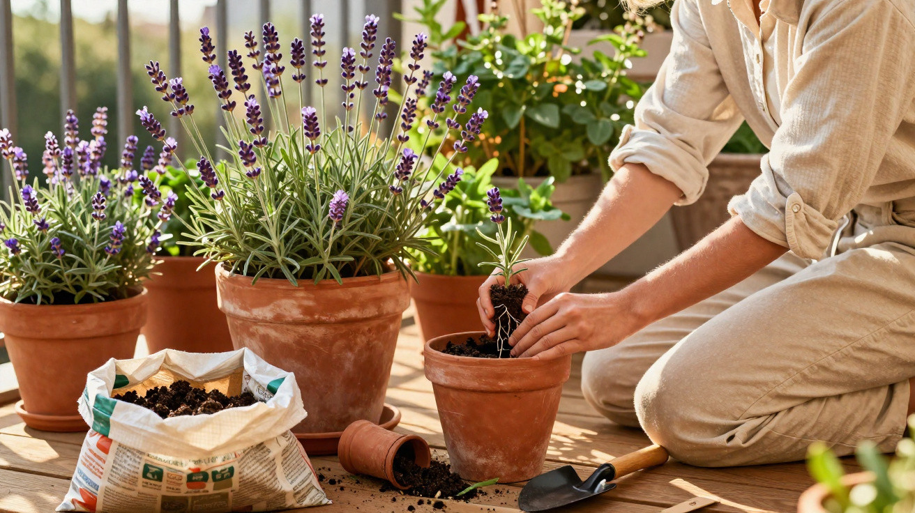 Person planting a lavender seedling in a terracotta pot on a sunny wooden patio.