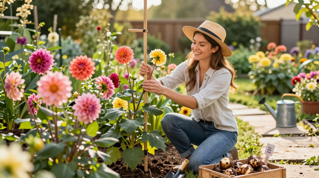 Young woman in a straw hat tending colourful flowers in a sunny garden, securing a plant to a wooden stake.
