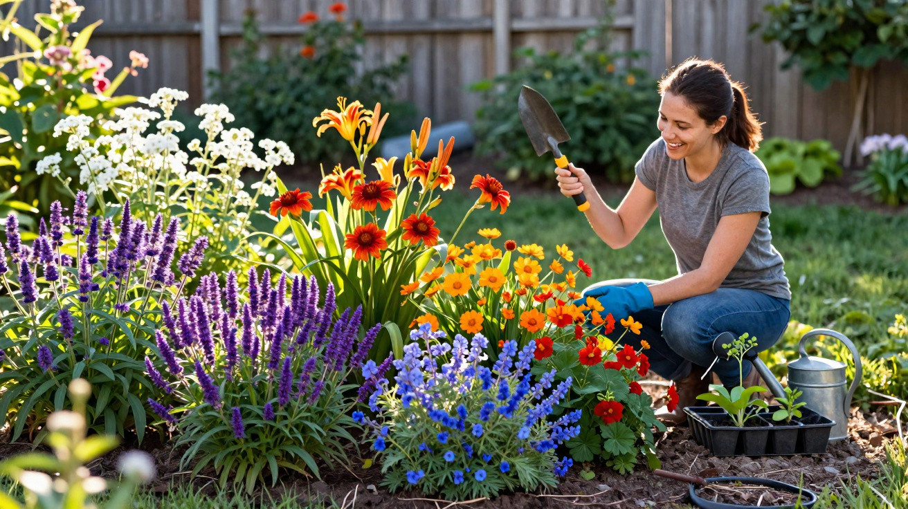 Woman gardening in a colourful flower bed holding a trowel with plants and watering can nearby in a backyard.