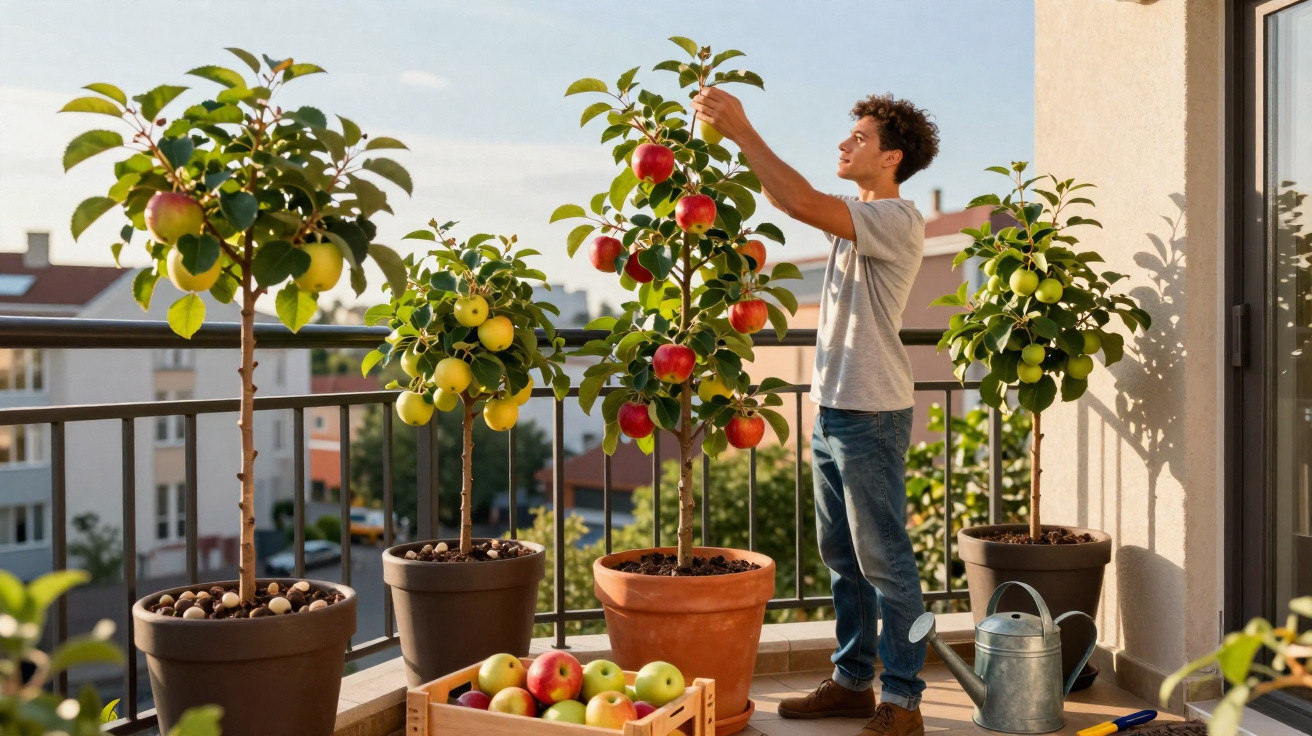 Young man picking red apples from a tree on a balcony with potted apple trees and a crate of apples.