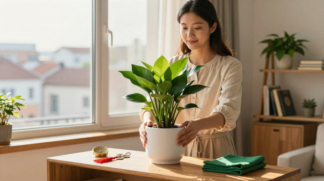 Woman arranging a green potted plant on a wooden table in a bright, cosy room with books and plants.