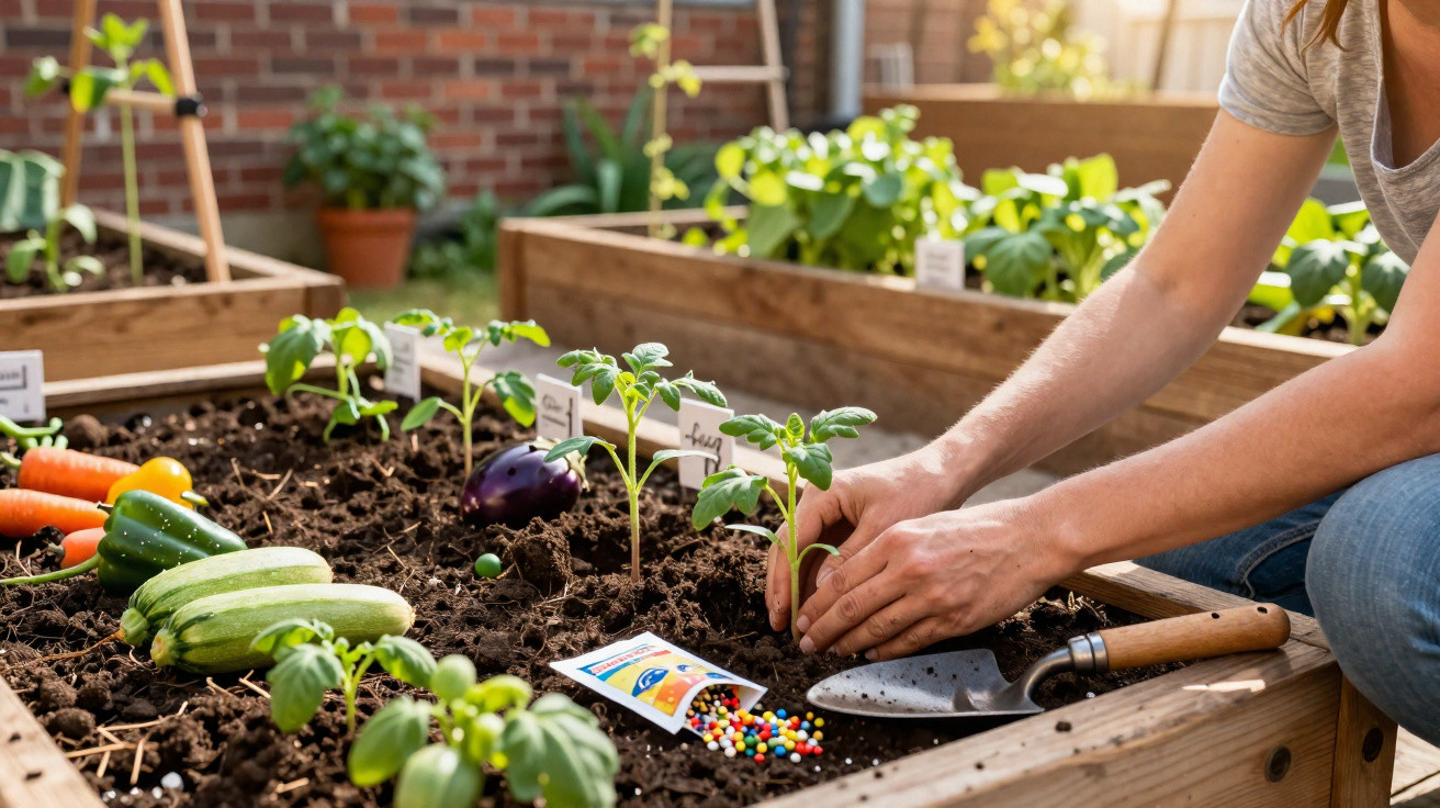 Person planting young tomato seedlings in a raised garden bed with fresh vegetables nearby.