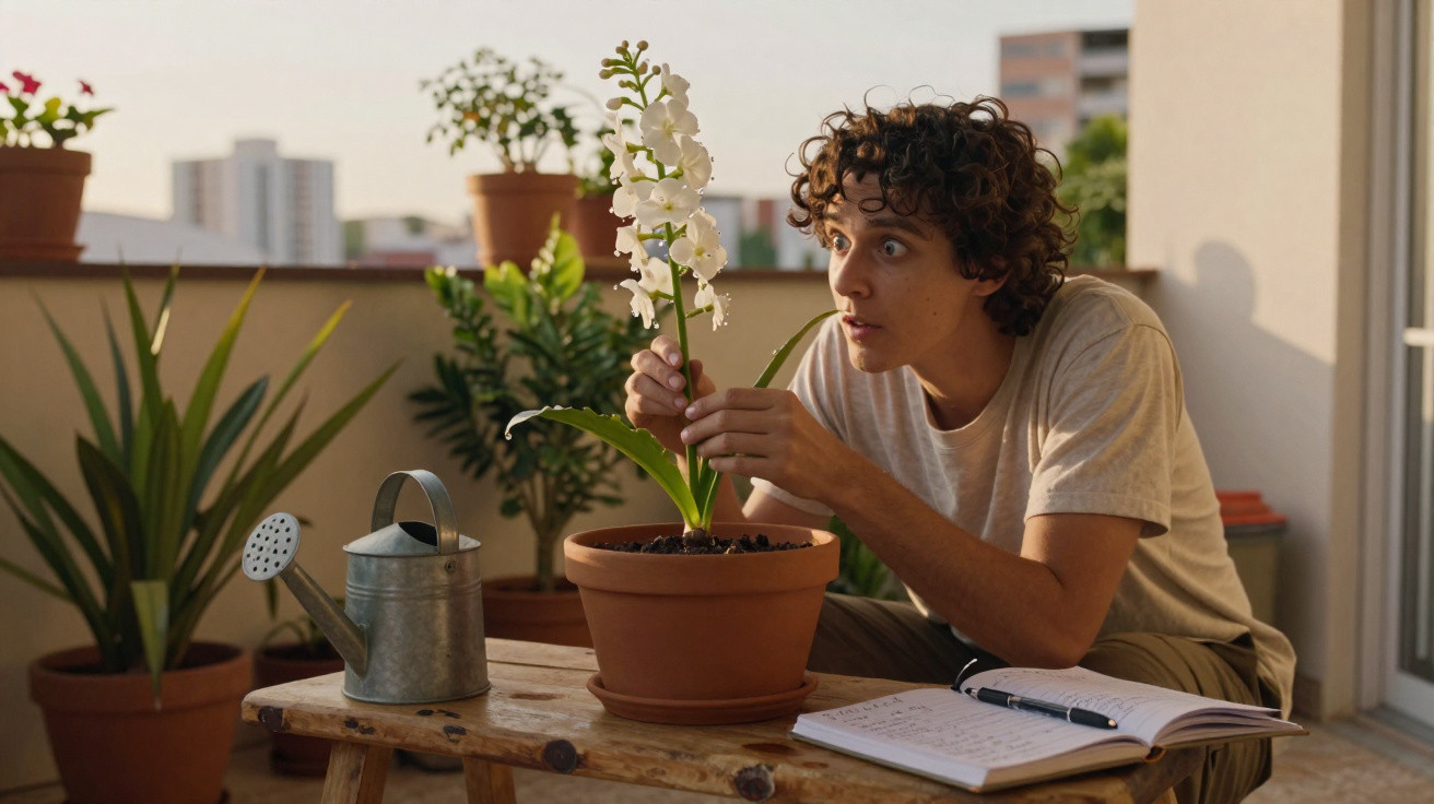 Young person closely examining white flowers on a potted plant on a balcony with gardening tools nearby.