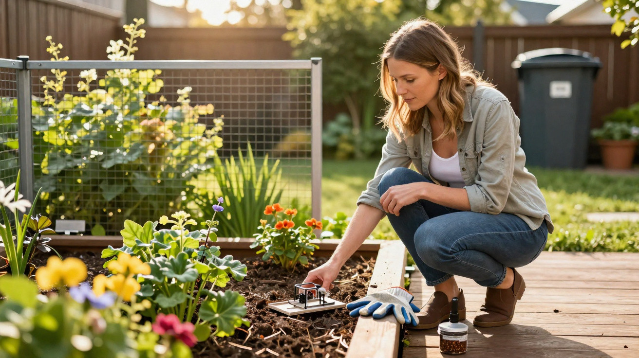 Woman kneeling in a garden bed, gardening gloves beside her, tending to plants on a sunny day.