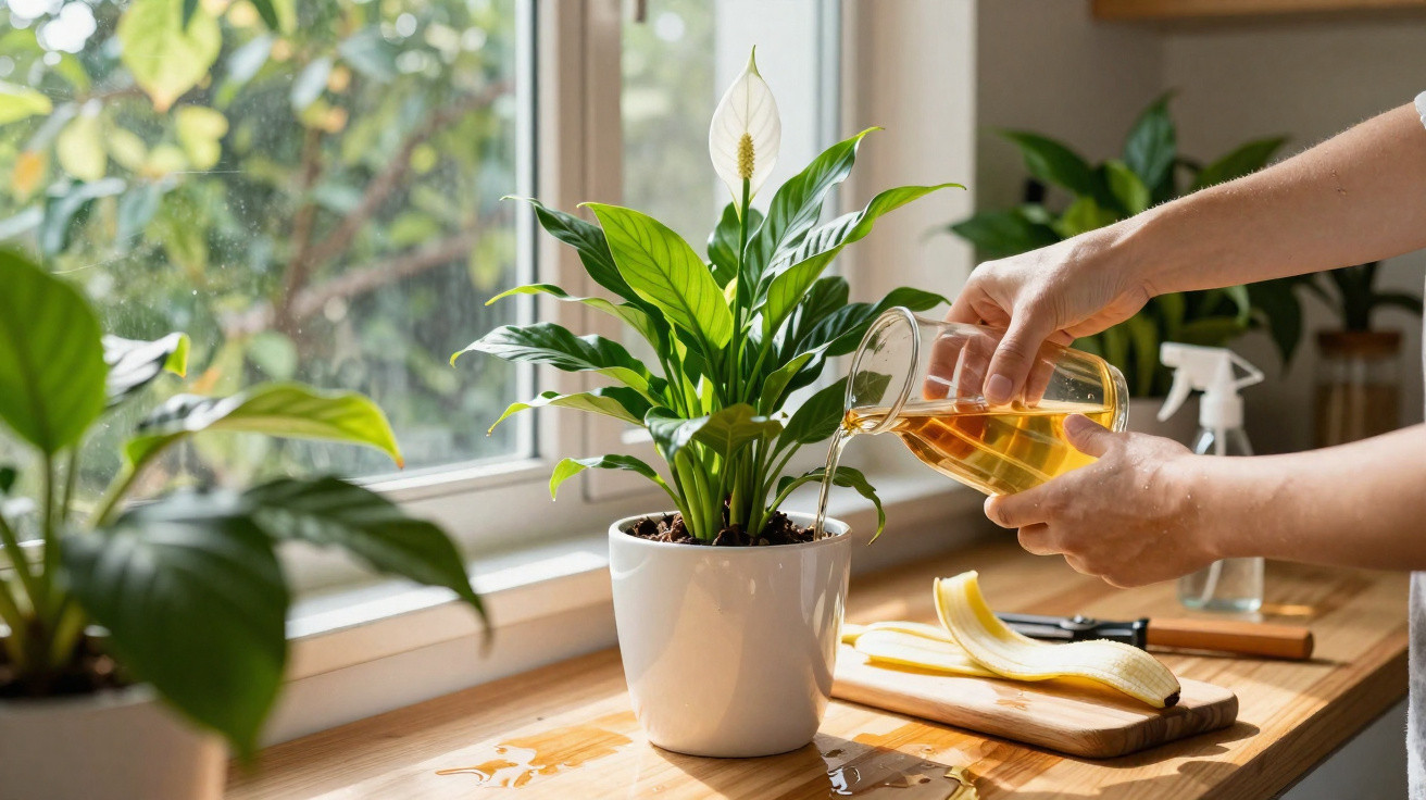 Hands pouring water from a glass jug into a potted peace lily plant on a wooden windowsill.