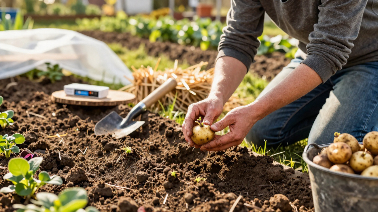 Person harvesting potatoes by hand in a garden bed with gardening tools and a bucket nearby.
