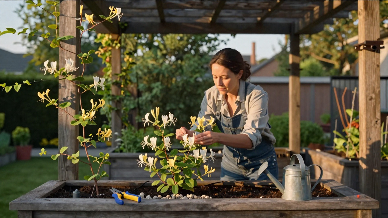 Woman tending to white and yellow flowers in a raised wooden garden bed under a pergola at sunset.