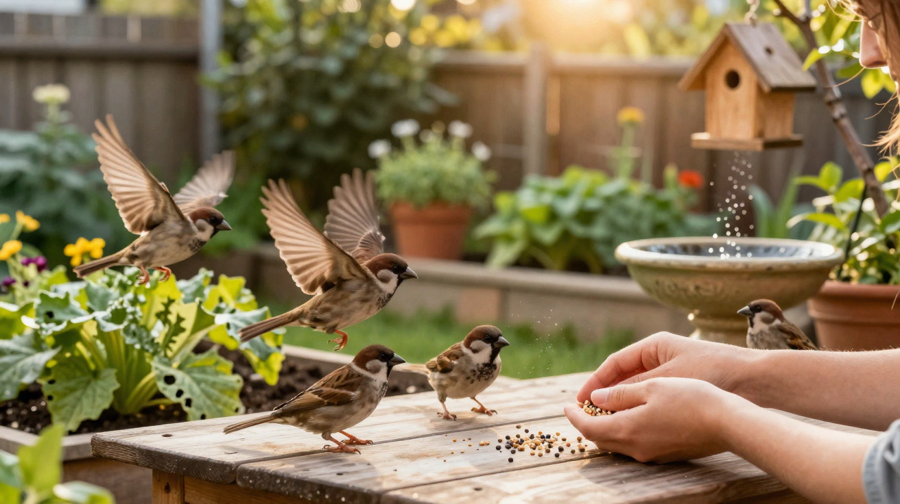 Small brown birds eating seeds from a person's hands on a wooden table in a garden at sunset.
