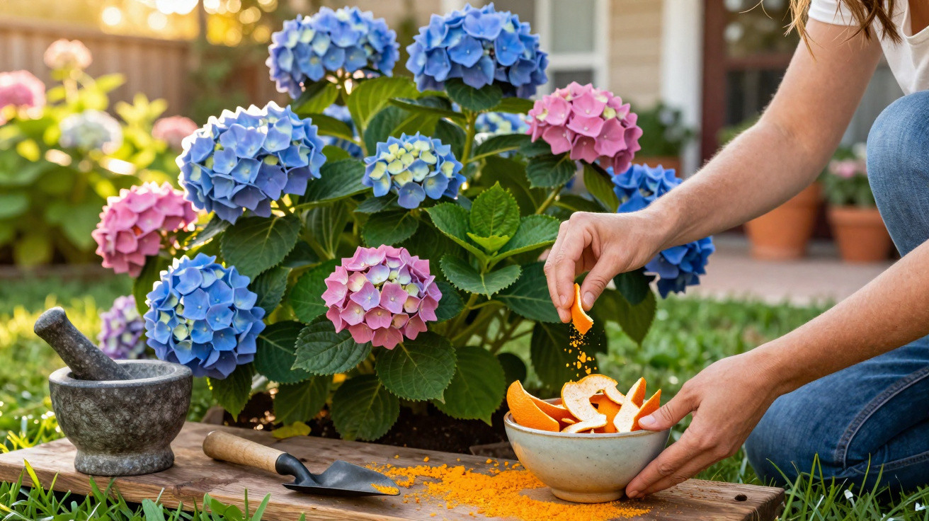 Person sprinkling orange powder on plant fertiliser in a bowl beside pink and blue hydrangea flowers outdoors.