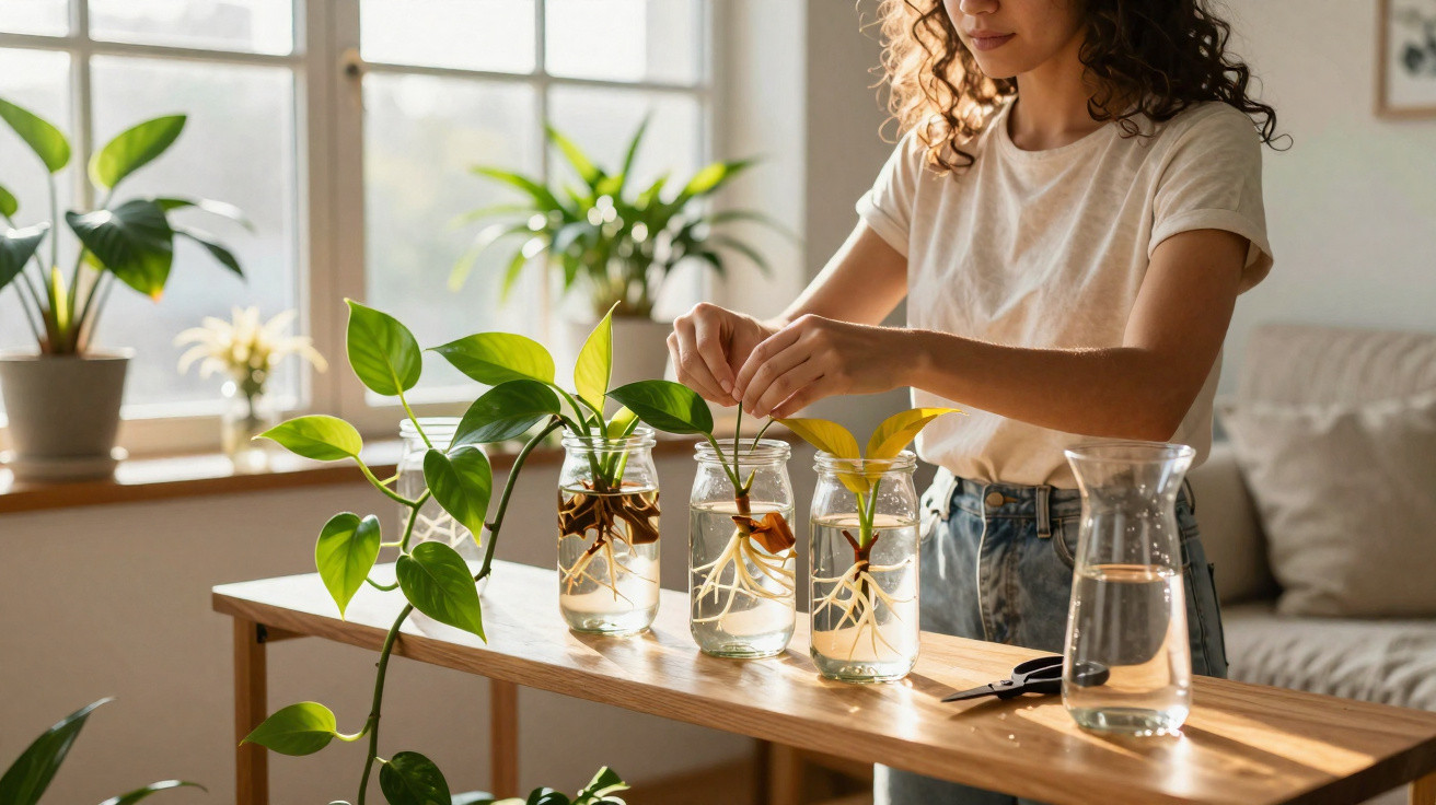 Woman propagating plants in jars on a wooden table in a bright room with large windows.
