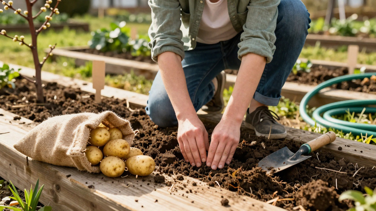 Person planting potatoes in soil on a raised garden bed with gardening tools and hose nearby.