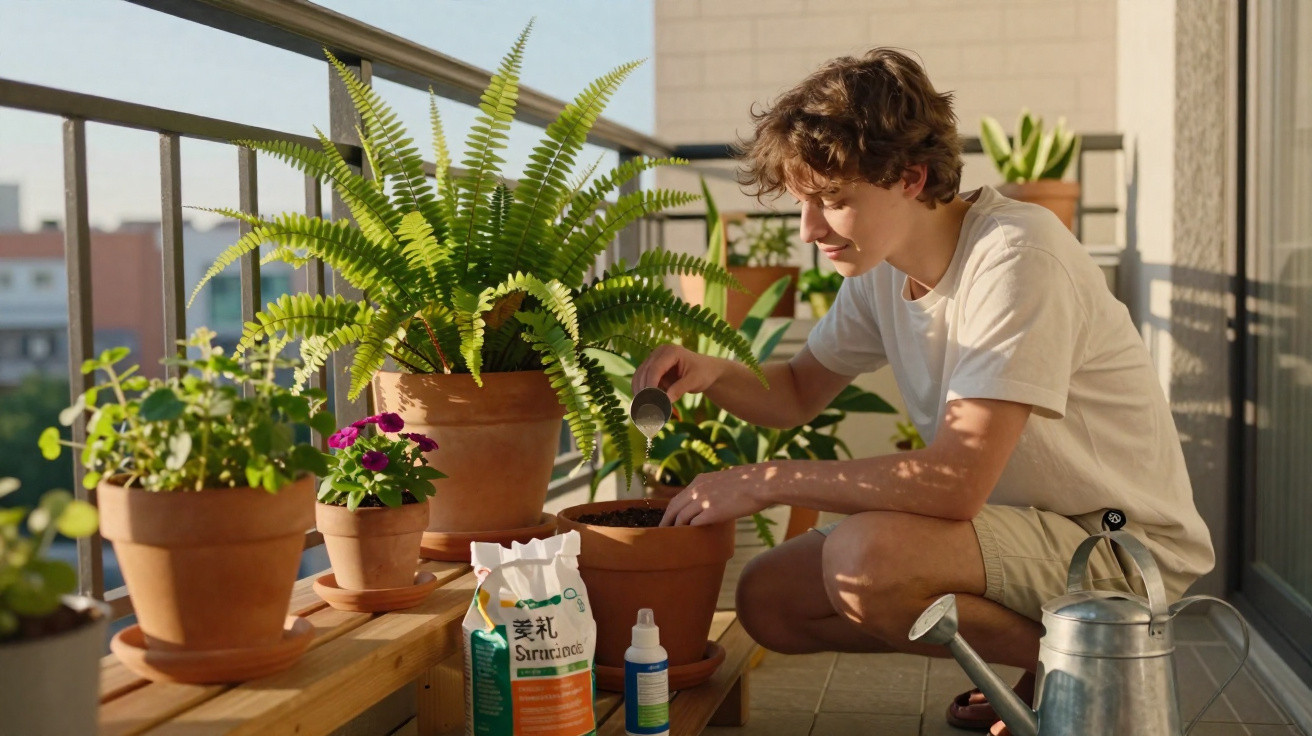Young man tending to potted plants on a sunny balcony surrounded by gardening supplies and greenery.