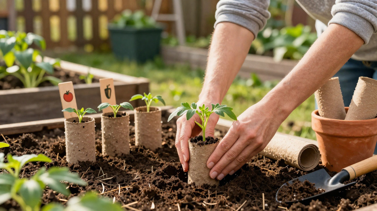 Hands planting tomato seedlings in biodegradable pots into soil in a garden with gardening tools nearby.