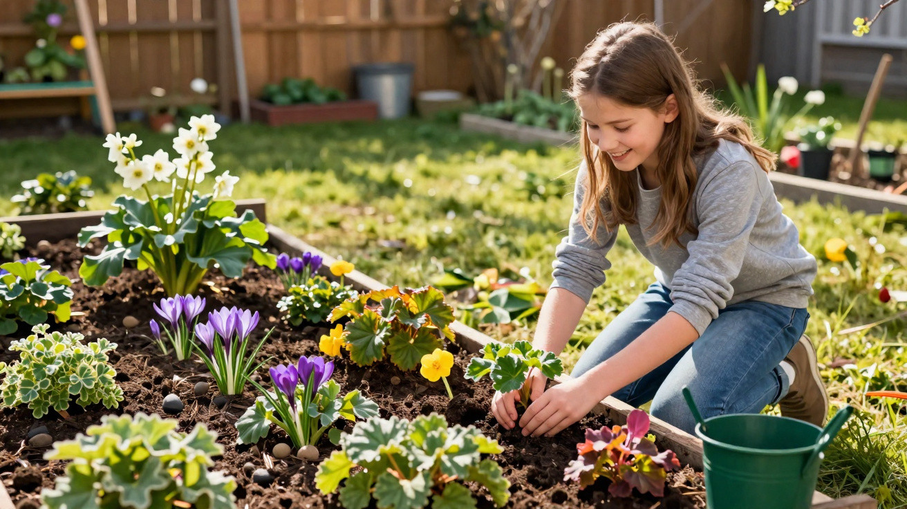 Young girl planting flowers in garden bed on a sunny day with watering can nearby