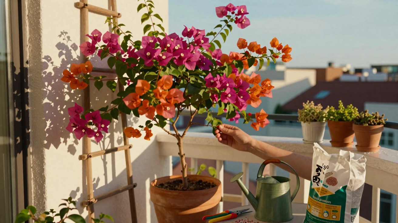 Hand pruning vibrant orange and pink bougainvillea on a sunny balcony with gardening tools and pots nearby.