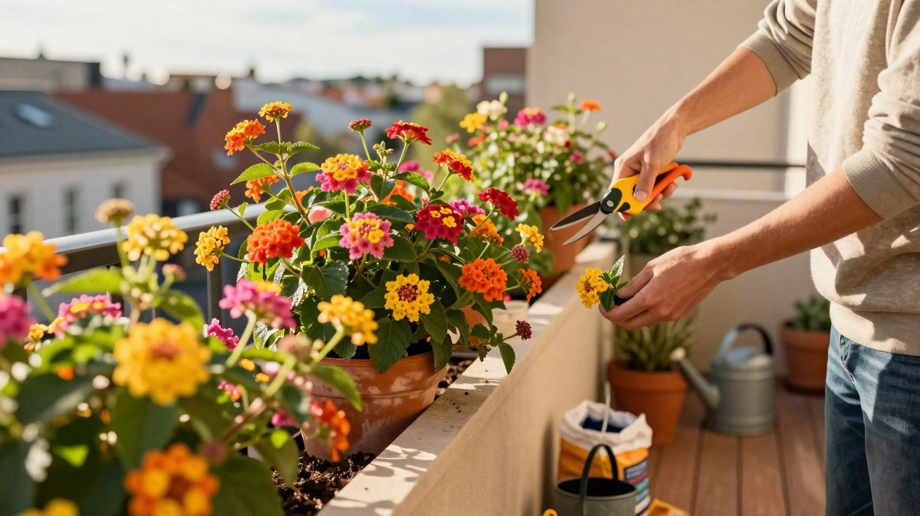 Person pruning colourful lantana flowers in pots on a sunny balcony garden.