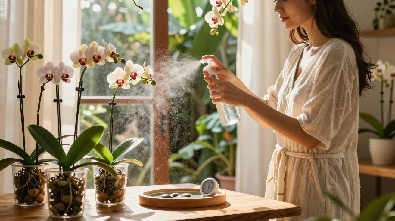 Woman spraying water on orchids placed on a wooden table in a sunlit room.
