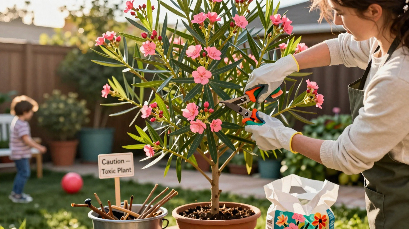 Woman pruning a potted pink flowering plant with gardening gloves in a backyard with a child playing nearby.