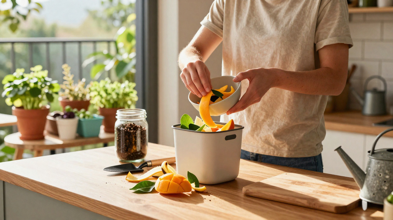 Person adding fruit scraps to a compost bin on a kitchen counter with plants in the background.