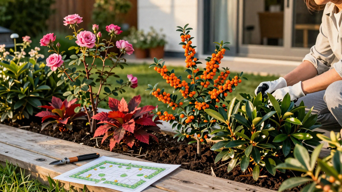 Person gardening with various plants including roses and orange berries beside a garden plan on wooden border.