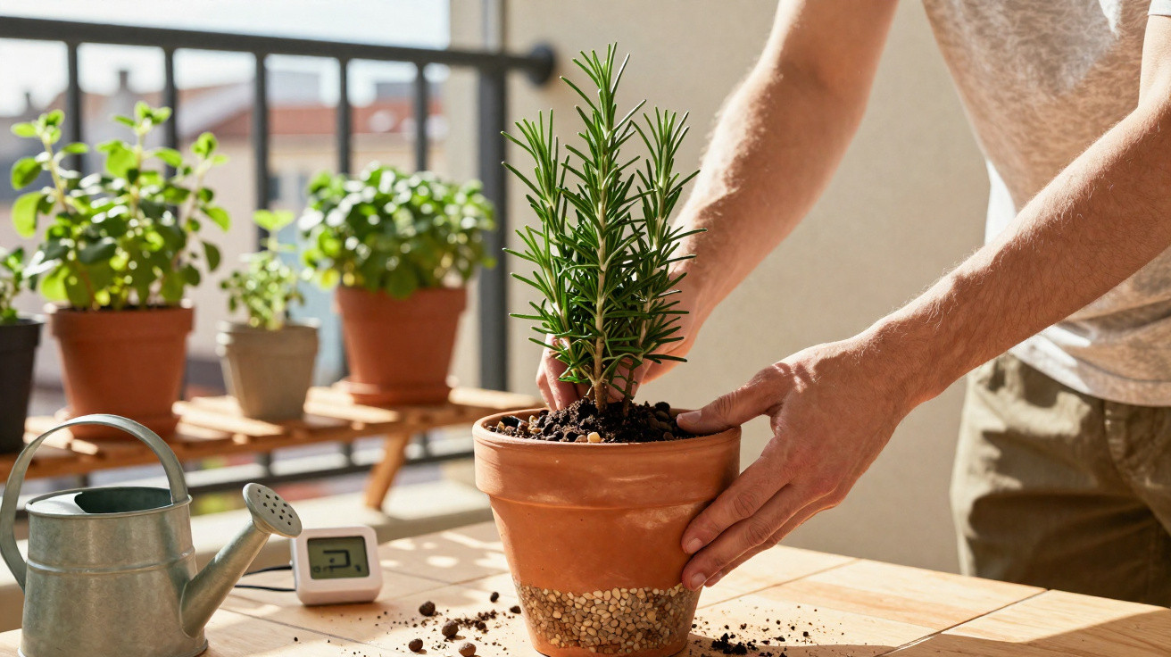 Person repotting a rosemary plant in a terracotta pot on a sunlit balcony table with other potted herbs nearby.