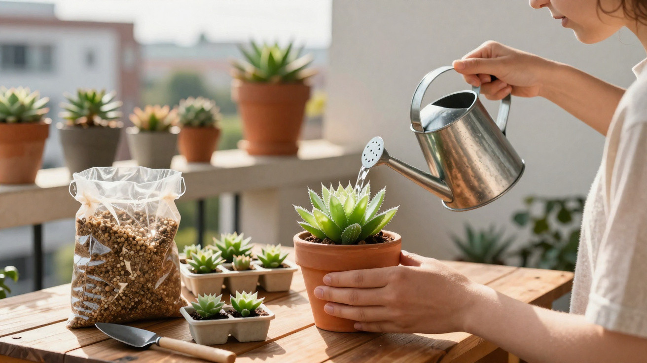 Person watering a potted succulent on a wooden table with other succulents and gardening tools nearby.