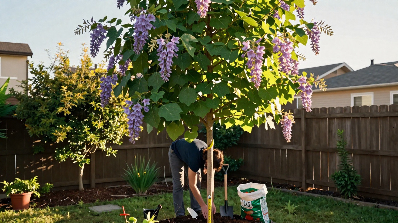 Person gardening beneath a tree with purple flowers in a sunny backyard with wooden fence and plants.