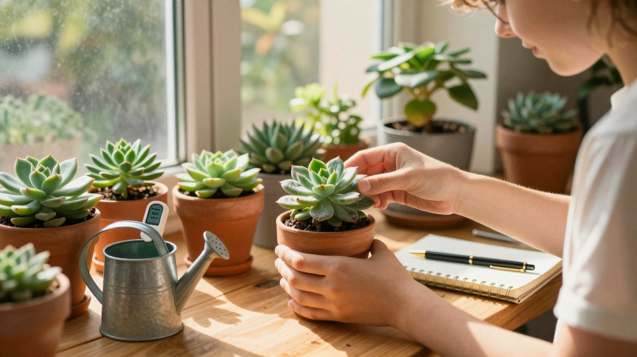 Person tending to potted succulents on a wooden table near a sunlit window with a watering can and notebook nearby.