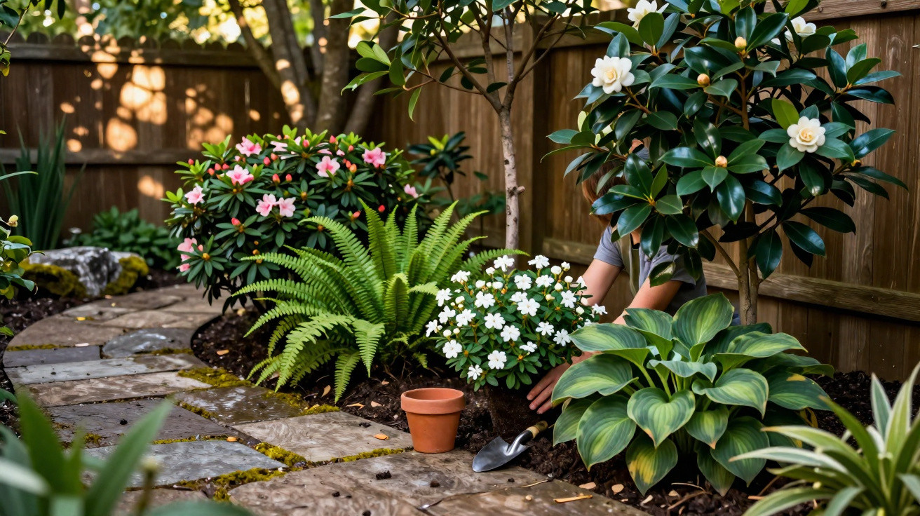 Person planting white flowering plants in a garden bed beside a stone pathway and wooden fence.