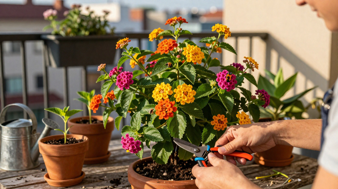 Person pruning colourful lantana flowers in a terracotta pot on a sunlit balcony garden table.
