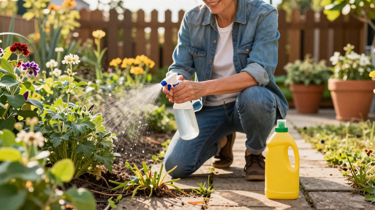 Person kneeling in garden spraying plants with a spray bottle beside a yellow container on a stone path.