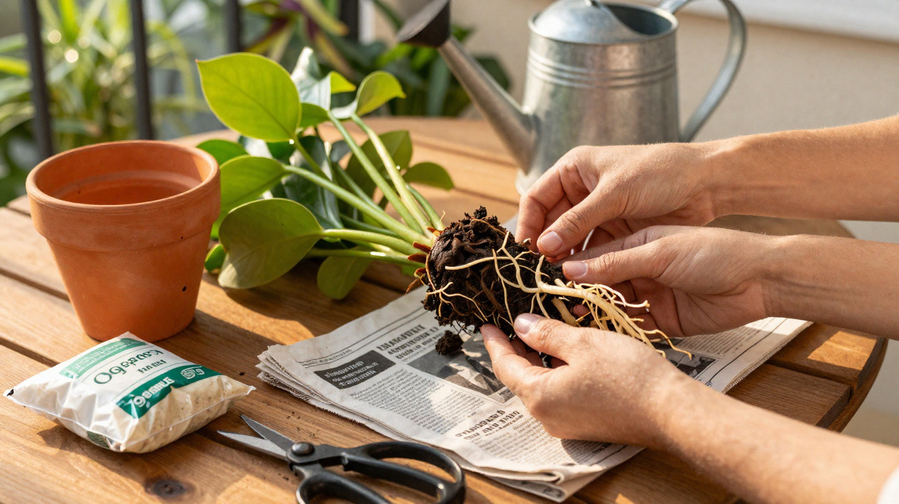 Hands preparing to pot a green plant with exposed roots on a wooden table with gardening supplies.