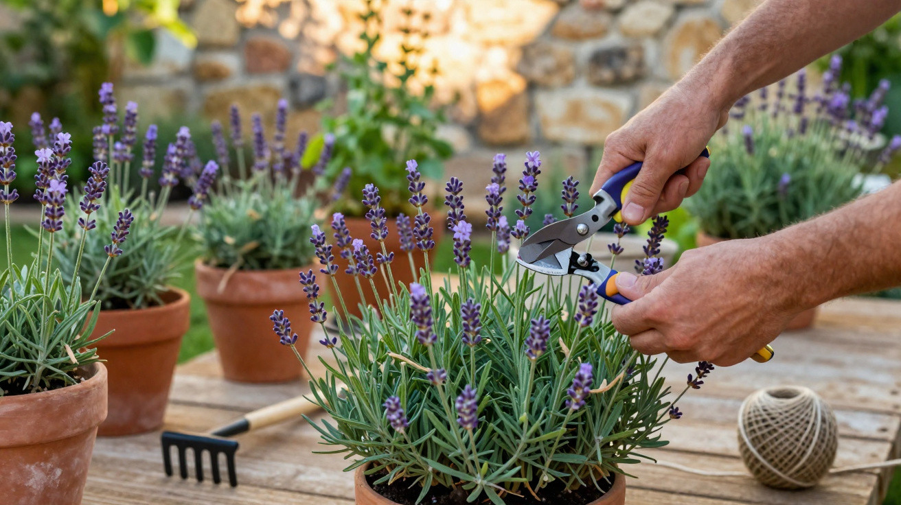 Hands pruning lavender plants in terracotta pots on a wooden table in a garden setting.
