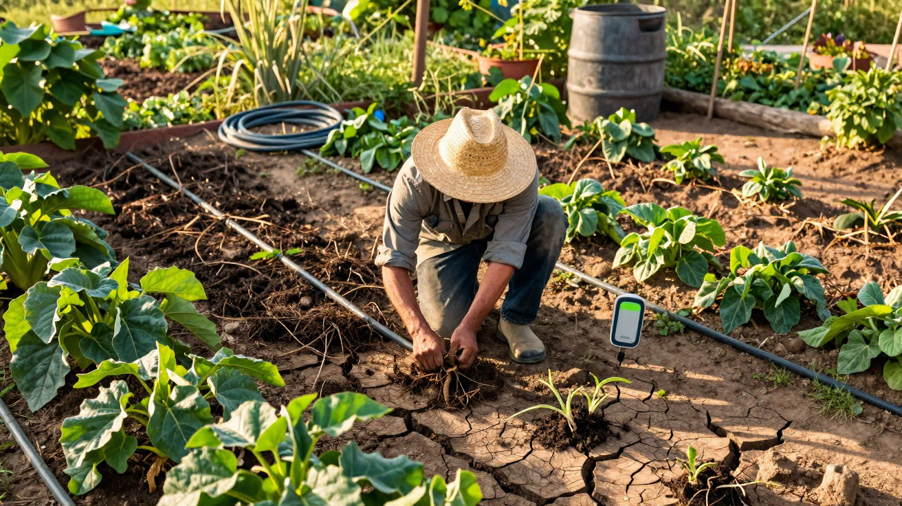 Person wearing a straw hat gardening in dry soil surrounded by green plants and irrigation pipes.