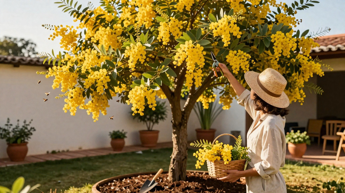 Person in a hat picking bright yellow flowers from a tree in a sunny garden with bees flying nearby.