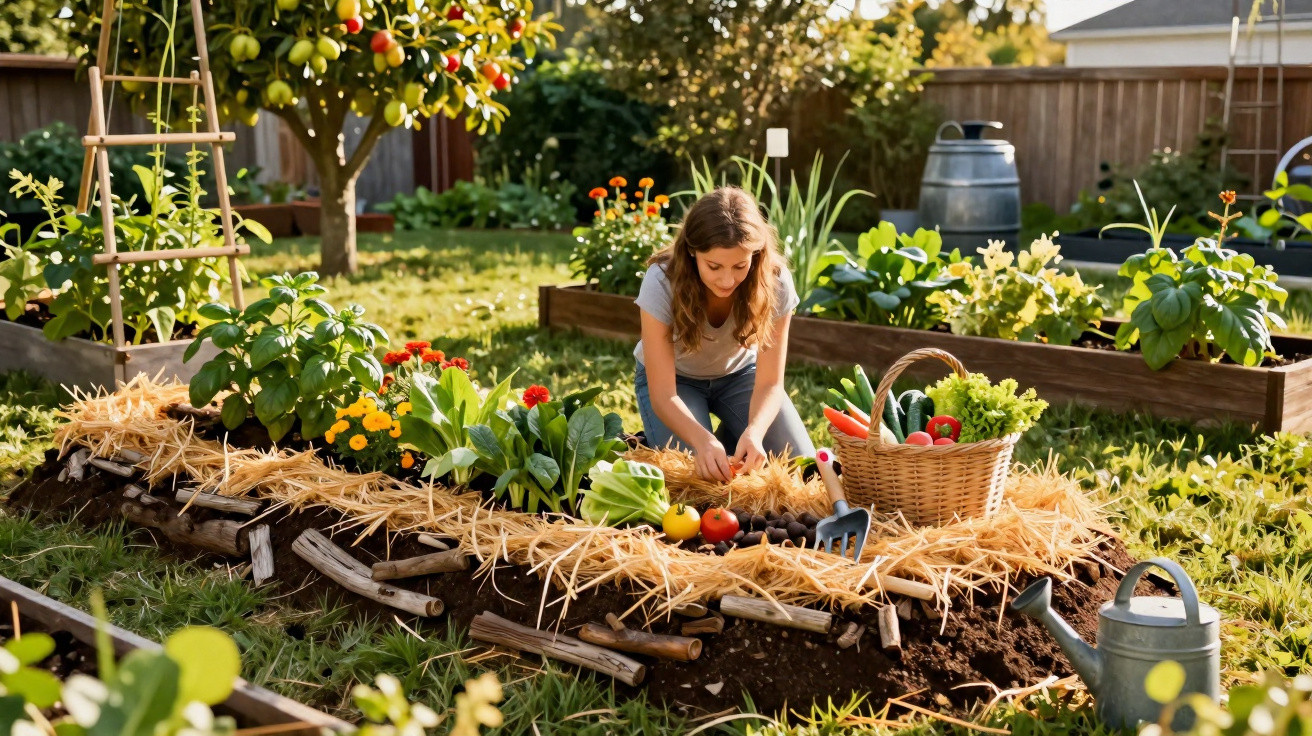 Young girl tending to a vegetable garden bed with fresh vegetables and gardening tools on a sunny day.