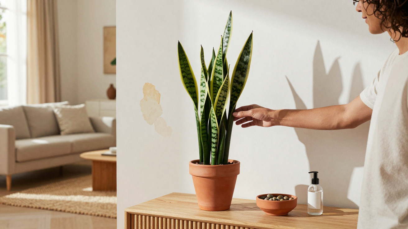 Person touching a potted snake plant on a wooden sideboard in a sunlit living room.