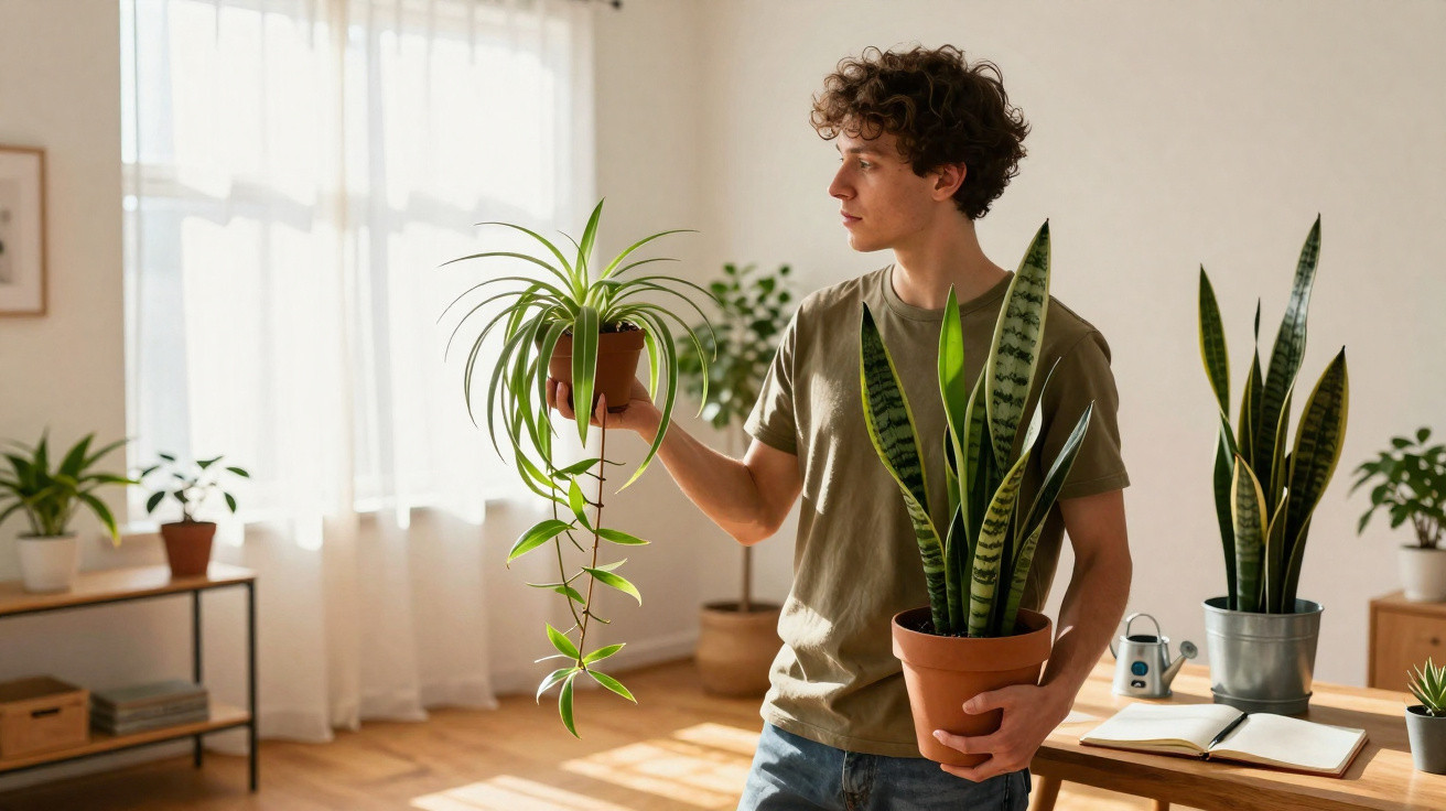 Young man holding two potted indoor plants in a sunlit room with more plants and books nearby.