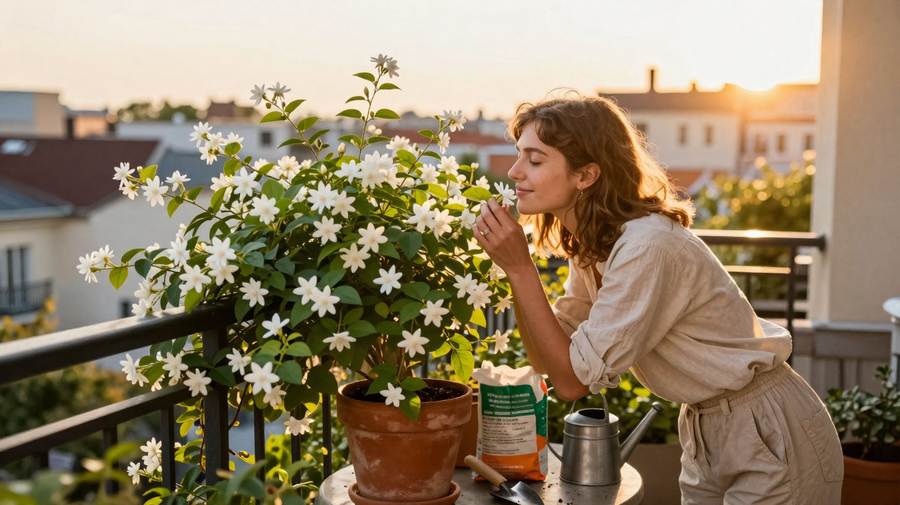 Woman smelling white flowers on a potted plant on a sunlit balcony at sunset